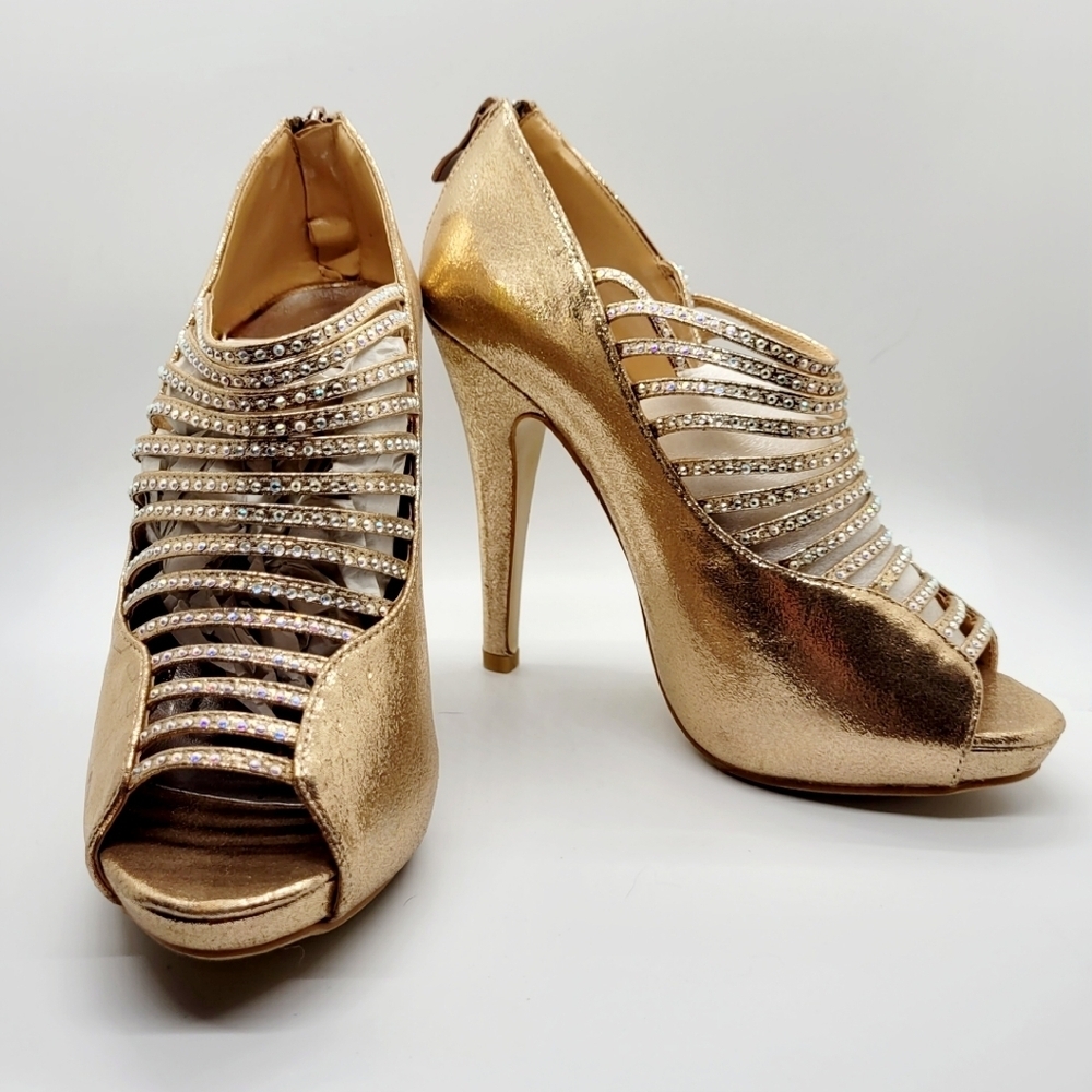 New Champagne Gold Rhinestone Embellished Caged Platform Heel Size 7.5 - Picture 5 of 14